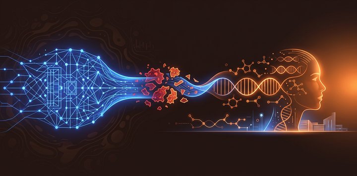 Absztrakt illusztráció AI-chipről, DNS-spirálról és orvosi adatelemzésről