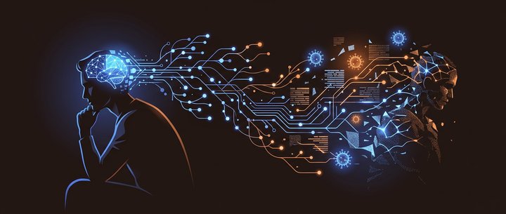 Absztrakt szerkesztőségi illusztráció emberi agyról és chatbot-szerű hálózati elemekről