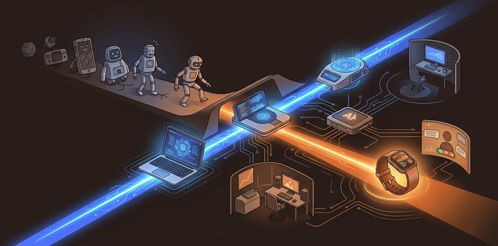Szerkesztőségi illusztráció különféle AI-eszközökről: fülhallgató, viselhető kütyü és kis robot